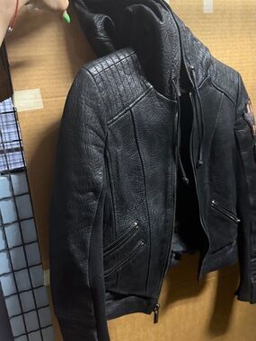 BCBG Leather hooded jacket with patches. Size S